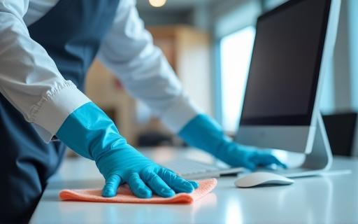 Modern office space being sanitized by a professional cleaner